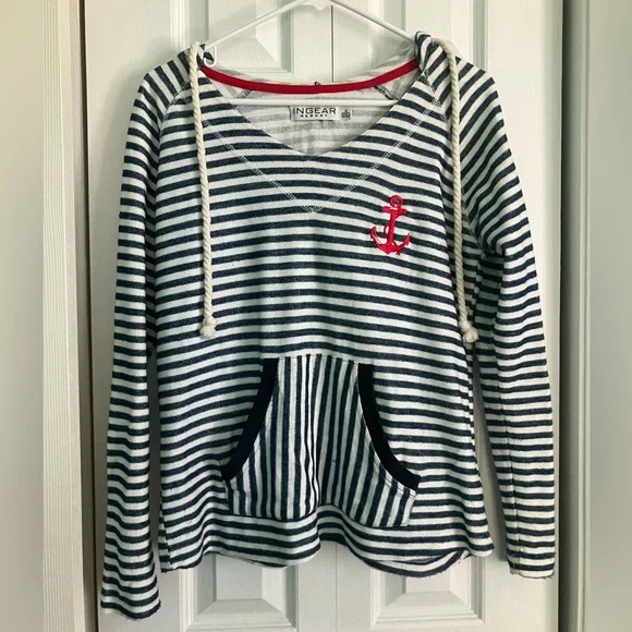 ⚡️Nautical Navy and White Striped Hoodie w/ Anchor - Picture 1 of 6
